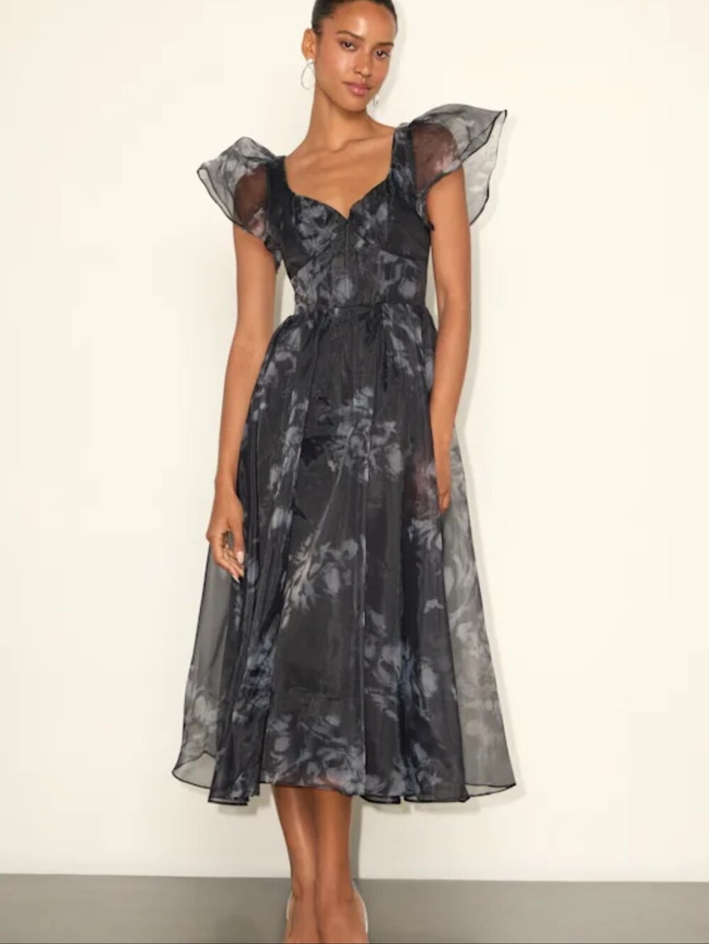 Lulu's Black Marble-Print Puff Sleeve Midi Dress